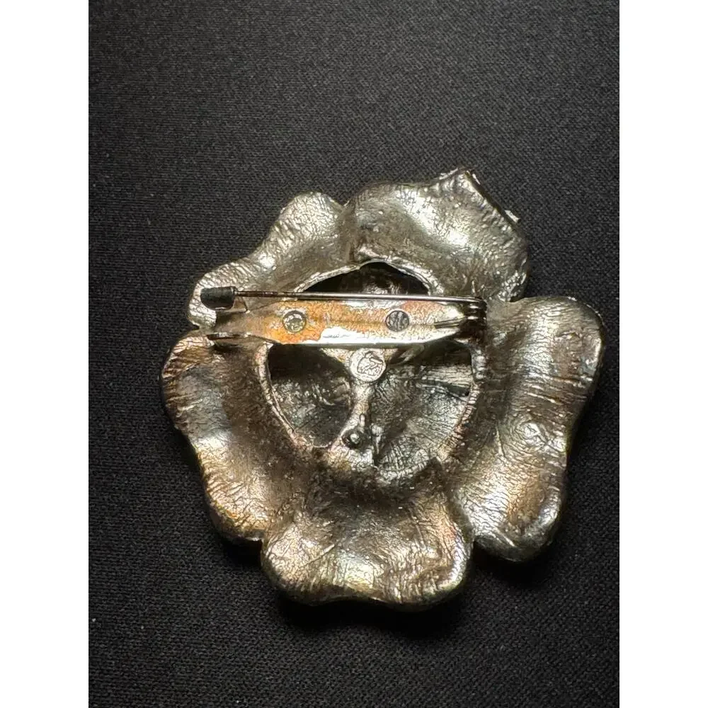 Large Black & Silver Enamel with Crystals Flower Brooch